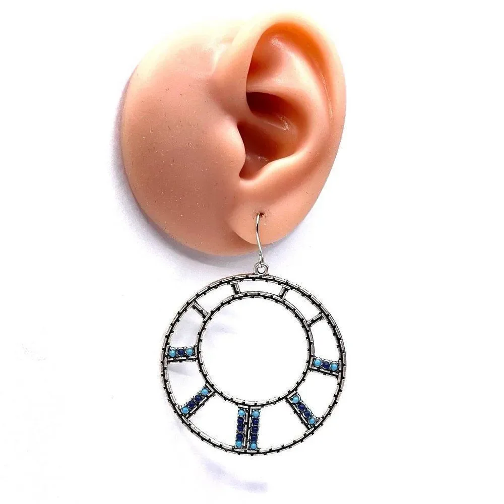 Silver with Navy and Turquoise Oil Drip Boho Open Round Hoop Earrings